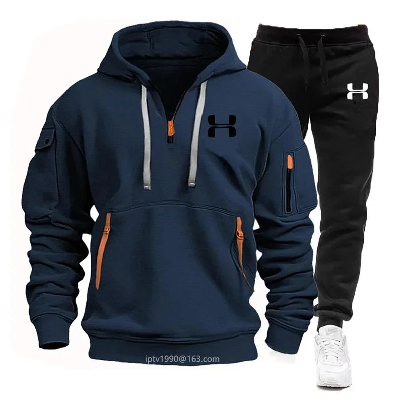 Men's New Autumn and Winter Multi-pocket Zipper Long-sleeved Hoodie + Sports and Leisure Pants Two-piece Fitness Jogging Suit