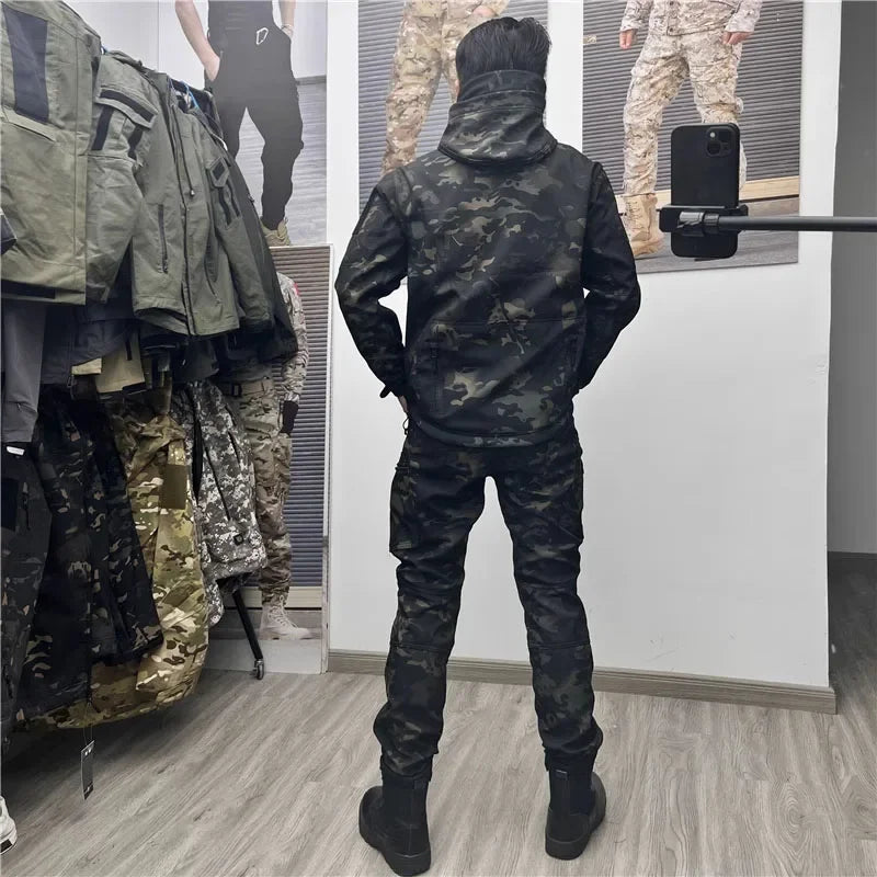 Soft Shell Combat Suit Military Uniform Army Jackets Hooded Top+Breathable Long Sleeve Cargo Pants Men Hunting Sets Multi-pocket