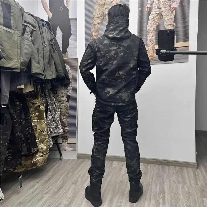 Soft Shell Combat Suit Military Uniform Army Jackets Hooded Top+Breathable Long Sleeve Cargo Pants Men Hunting Sets Multi-pocket