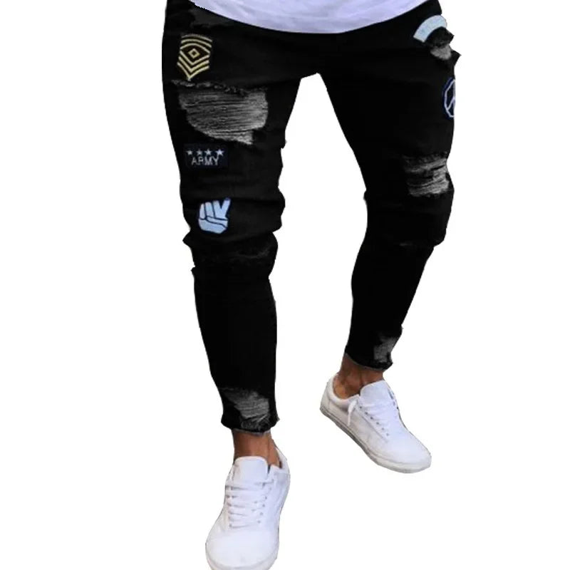 New Style Men's Hip Hop Slim Fit Jeans You And Smooths Your Silhouette Ripped Small Footwear Amazon WISH Badge Plus Size Jeans N