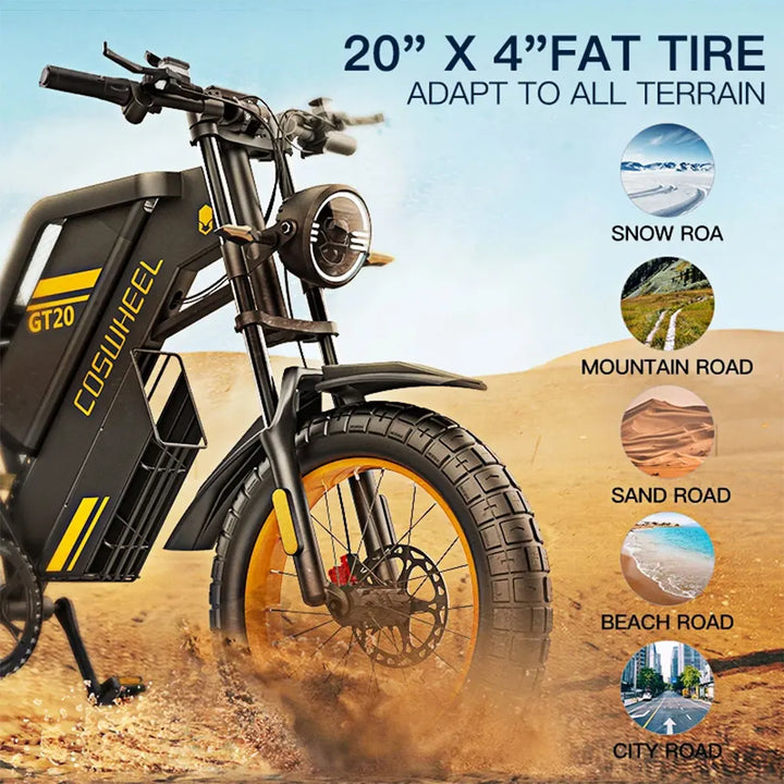 COSWHEEL GT20 PRO Electric Bike – 3000W Dual Motor, 48V 40Ah Ultra-Long Range Battery, 20" Fat Tire Off-Road Mountain E-Bike | 65km/h High-Speed All-Terrain Electric Bicycle