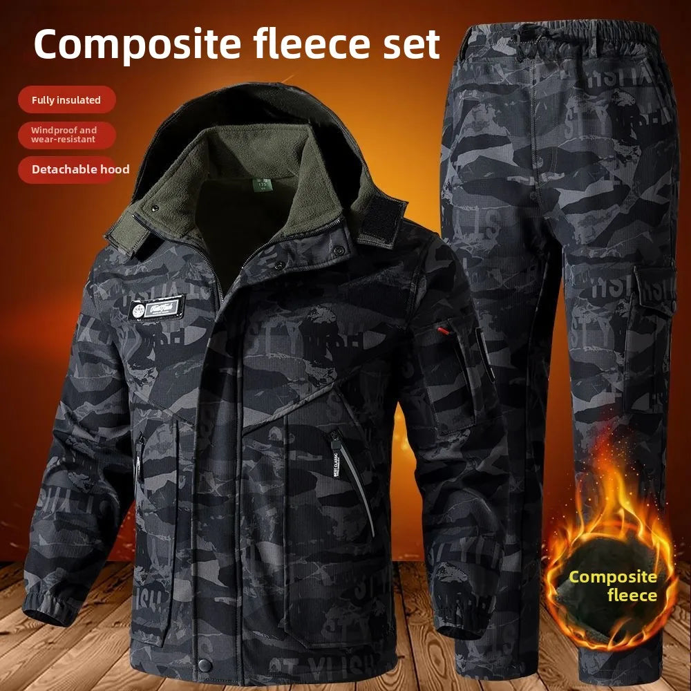 Men's Autumn Winter Fleece Lined Camouflage Work Jacket Windproof Waterproof Warm Outdoor Car Repairing Coat