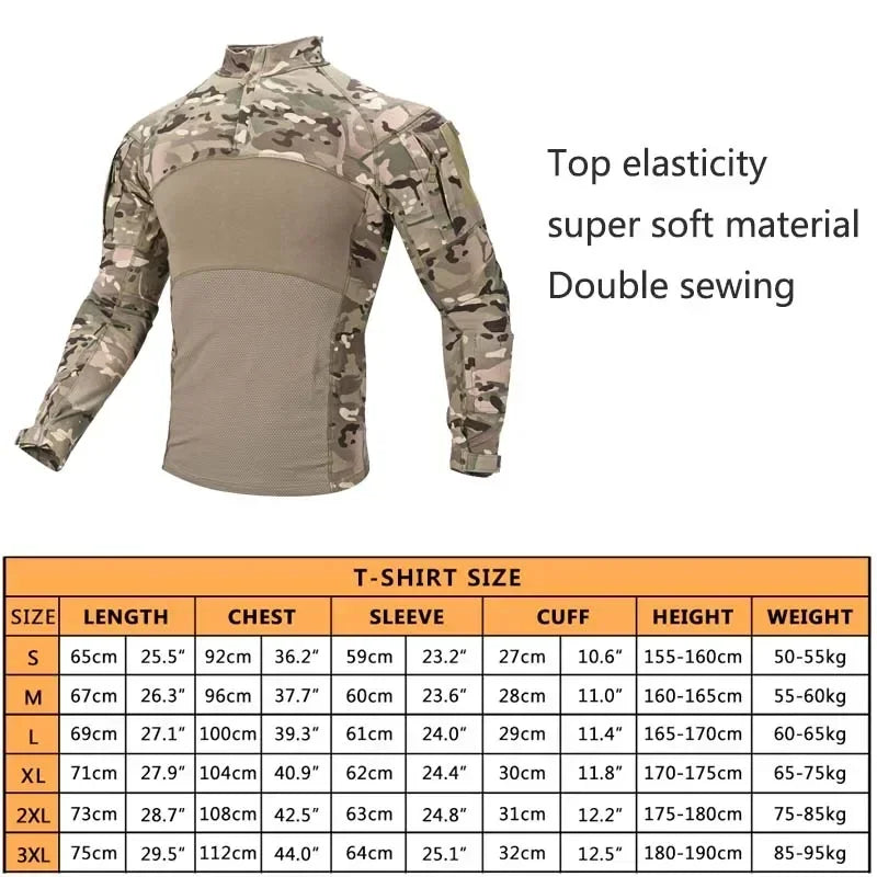 Men's Long Sleeve Tactical Shirts Combat Shirt 1/4 Zipper Ripstop Elastic Cotton Military Hiking Hunting Clothes