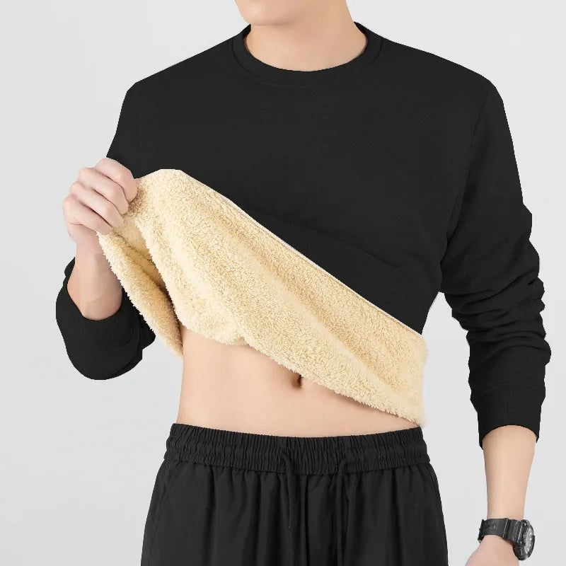 Men's Winter Fleece Lined Warm Top Autumn Korean Fashionable Long Sleeved Base Shirt Plush Casual Warm Underwear T-shirt