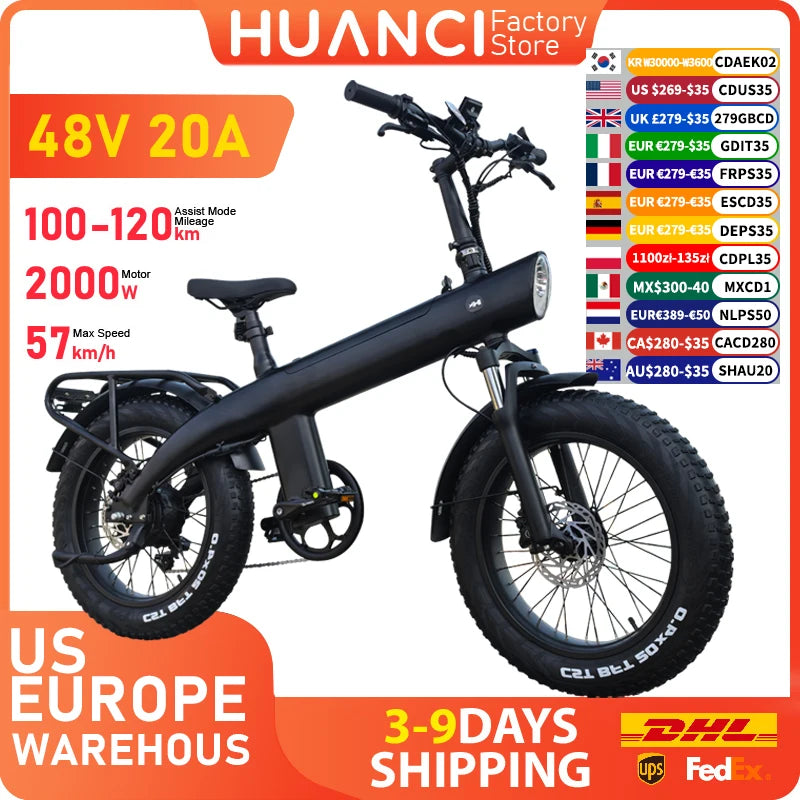 HUANCI Q3 Mountain Electric bicycle 2000W 60KM/H removable battery electric bike 48V 20AH Ebike 20Inch fat tire Off-Road e bike