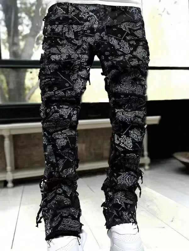 Kakan - New European and American Heavyweight Streetwise Stretch Patch Jeans for Men, High Street Straight Fit Long Jeans16-3001