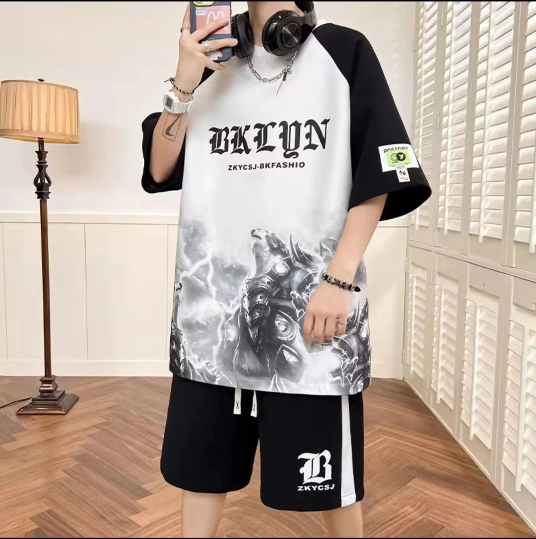 Summer fashion men's personalized letter print comfortable breathable round neck T-shirt shorts set outdoor street style outfit