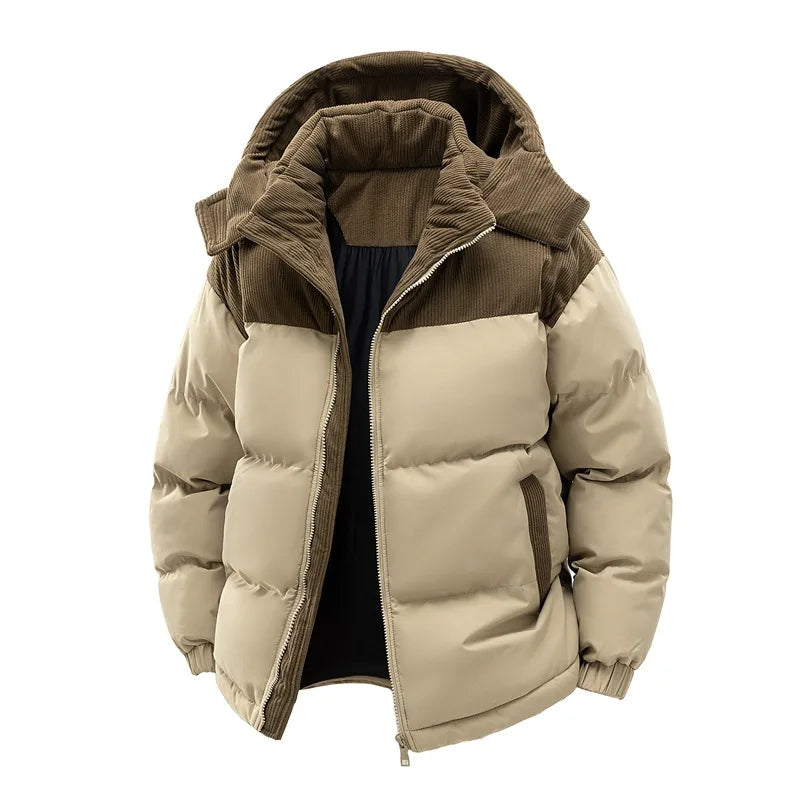 Thickened Fleece Hooded Cotton Jacket Men's Winter Windproof Warm Coat Detachable Hooded Padded Zipper Closure Casual Outerwear