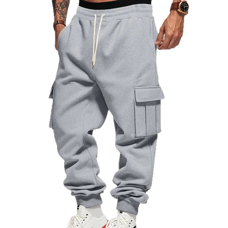 Men's Heavyweight Fleece Casual Pants Autumn Winter American Loose Sports Multi-pocket Cargo Jogging Trousers