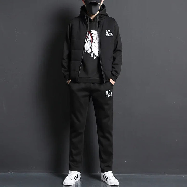 3 Pieces Set Hoodies+Vest+Pants Casual Men's Track Suit Clothing Coats Winter Thick Warm Tracksuit for Men Printed Mens Set Vest