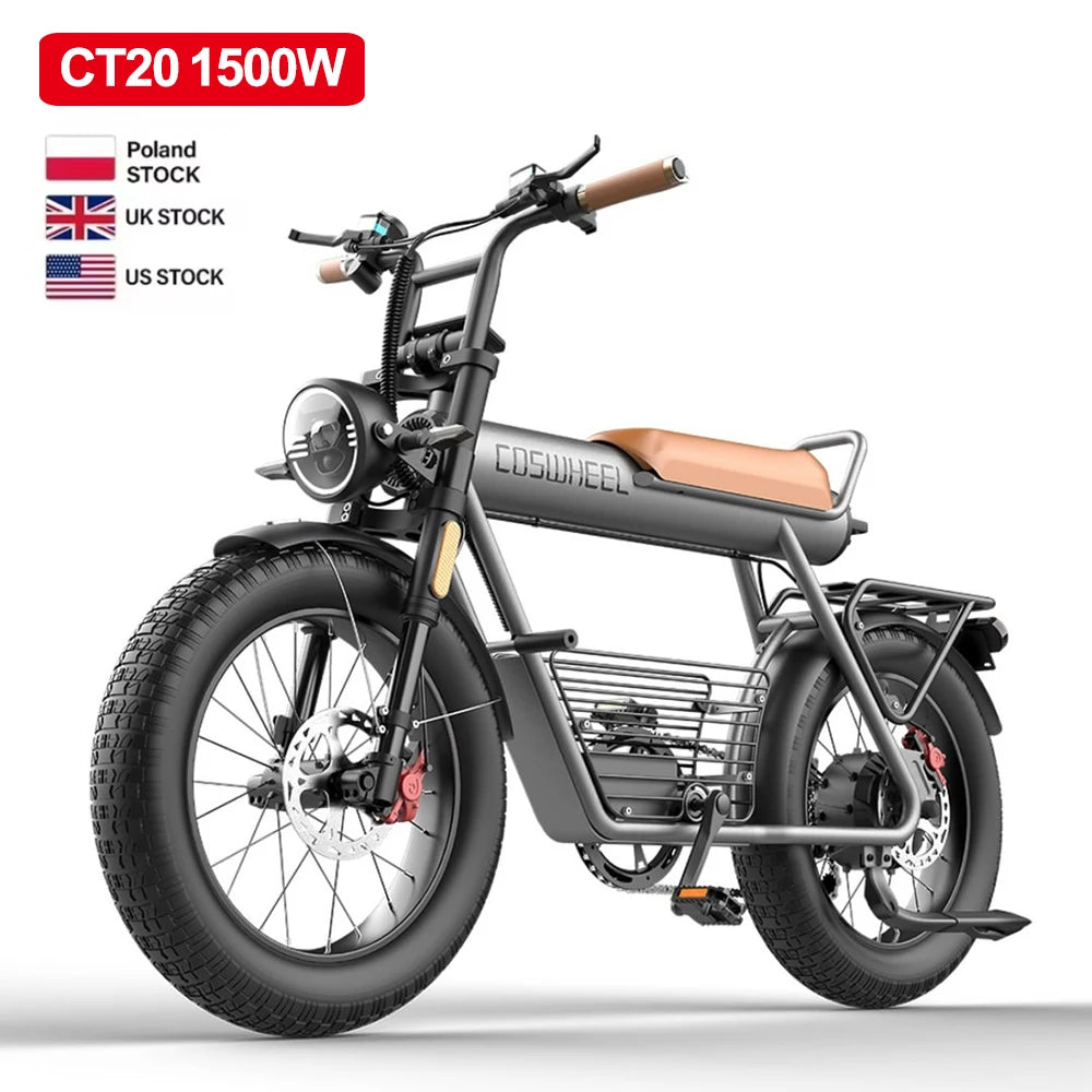 Coswheel CT20 Electric Bike – 1500W Motor | 48V 25Ah Lithium Battery | 20" Fat Tires | Dual-Seat Motorcycle-Style E-Bike | 60+ KM Range | Premium Mountain & Urban Electric Bicycle