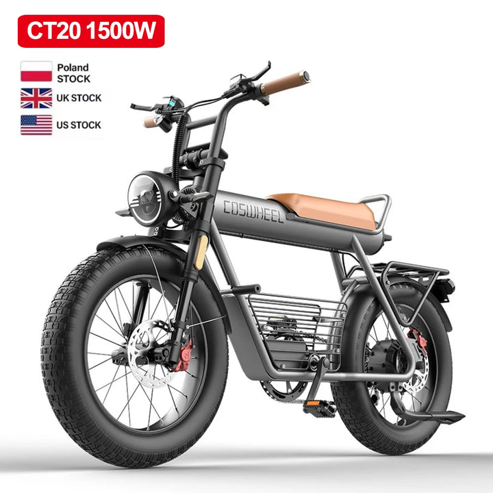 Coswheel CT20 Electric Bike – 1500W Motor | 48V 25Ah Lithium Battery | 20" Fat Tires | Dual-Seat Motorcycle-Style E-Bike | 60+ KM Range | Premium Mountain & Urban Electric Bicycle