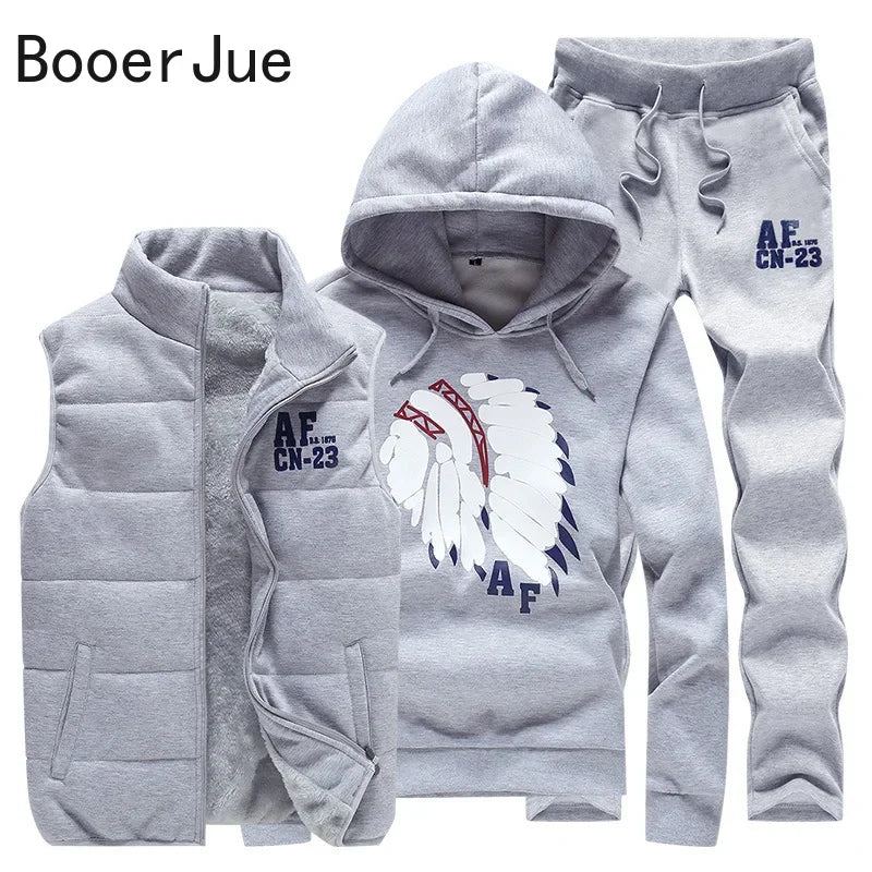 3 Pieces Set Hoodies+Vest+Pants Casual Men's Track Suit Clothing Coats Winter Thick Warm Tracksuit for Men Printed Mens Set Vest
