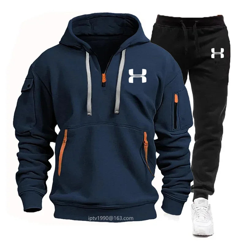 Men's New Autumn and Winter Multi-pocket Zipper Long-sleeved Hoodie + Sports and Leisure Pants Two-piece Fitness Jogging Suit