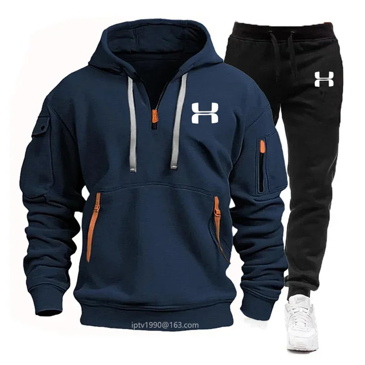 Men's New Autumn and Winter Multi-pocket Zipper Long-sleeved Hoodie + Sports and Leisure Pants Two-piece Fitness Jogging Suit