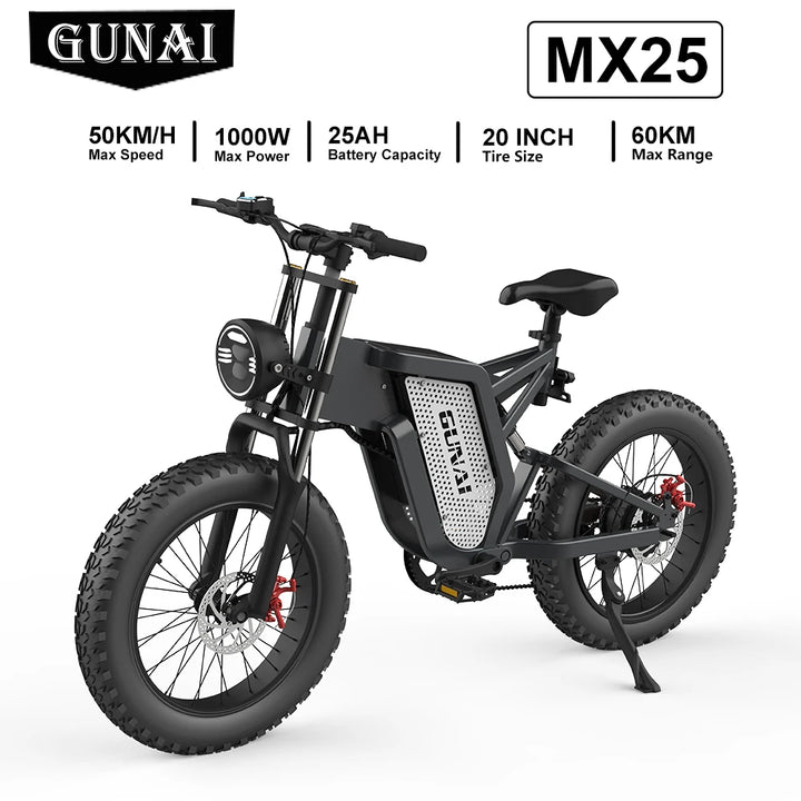 GUNAI MX25 Fat Tire Electric Bike – 1000W Brushless Motor • 48V 25Ah Lithium Battery • 20×4” Off-Road Mountain E-Bike for Adults • Long-Range MTB E-Bicycle