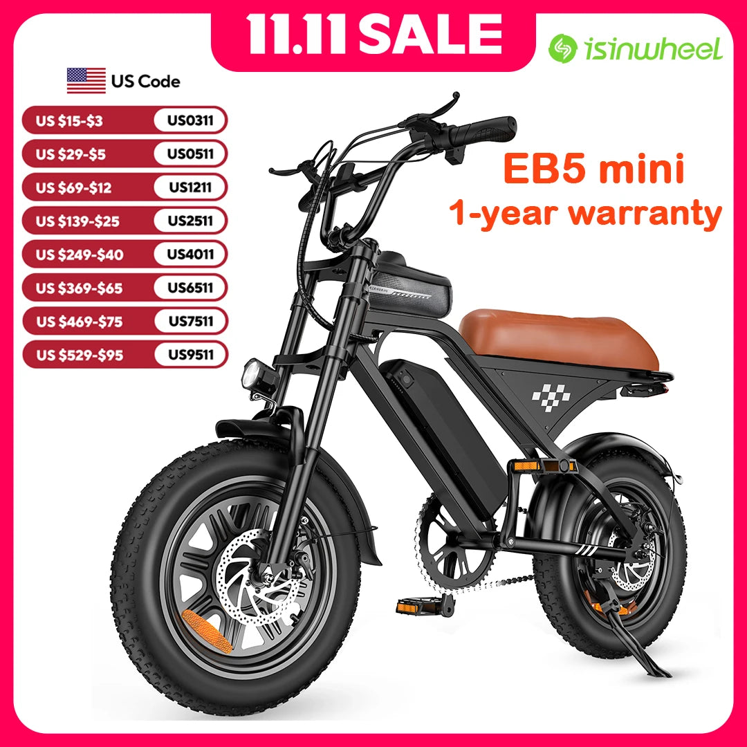 Rideplux EB5 Mini – 1500W Peak Off-Road Electric Bike | 16" Fat Tires | 36V Long-Range Battery | 55+ Mile Range | Full Suspension | 20MPH Adult E-Bike