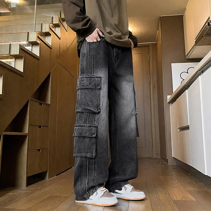2025 Autumn New Men's Loose Jeans Multi-pocket Work-wearing Jeans Street Hip-hop Straight Wide-leg Pants Baggy Dance Pants