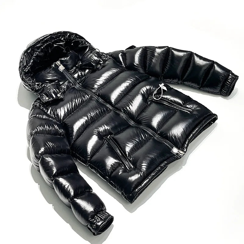 New Winter Bright Down Men Fashion Casual Parkas Coat Thick Warm Glossy White Duck Zipper Male Shiny Hooded Youth Women Jacket