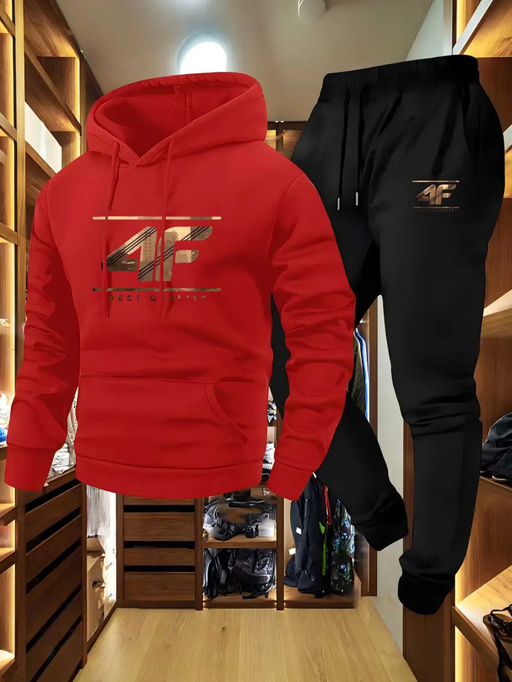 Men's Hoodie & Jogger Set with '4F' Print - Casual Sportswear, Beige & Black Matching Tracksuit for Gym, Lounge, Outdoor