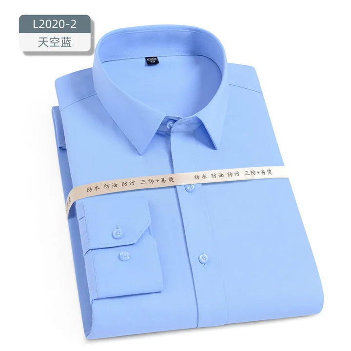 Summer men's long-sleeved non-ironing elastic business casual waterproof, anti-fouling, oil-proof, three-proof white shirt S~8XL