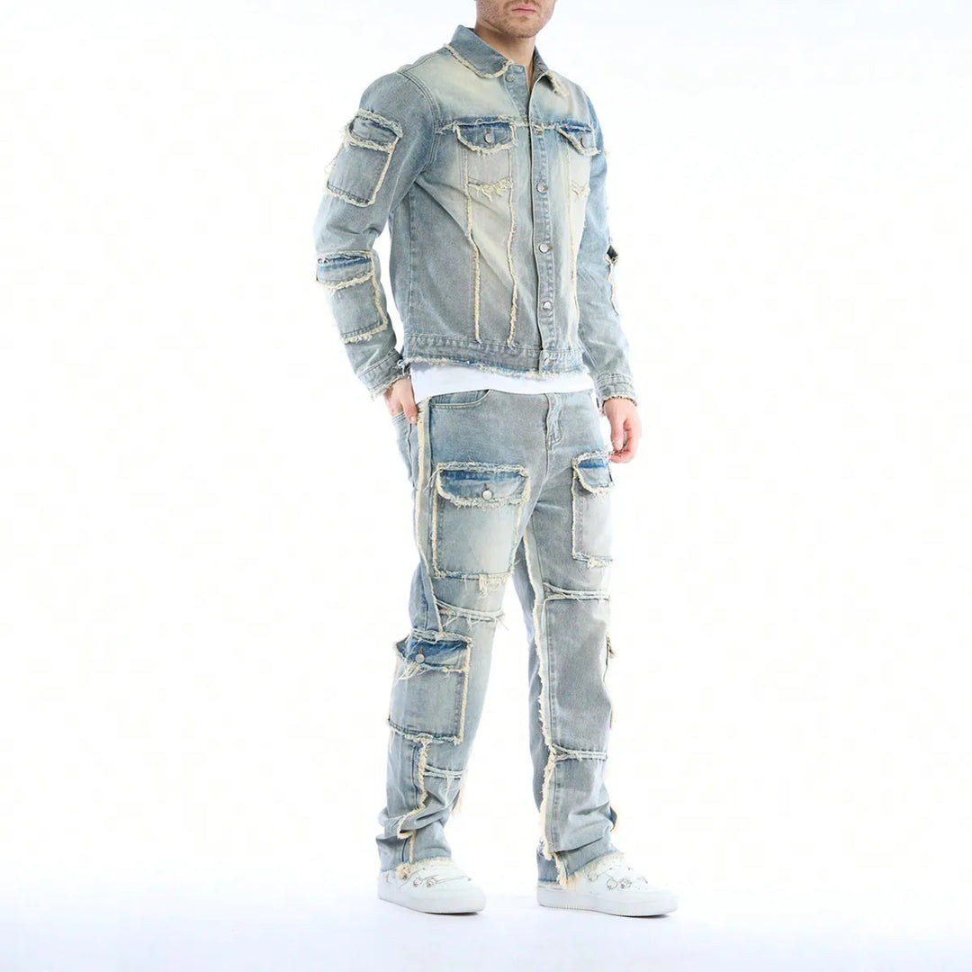 High-Quality Men's Washed Denim Two-Piece Set (Jeans + Denim Jacket) - Autumn & Winter Style
