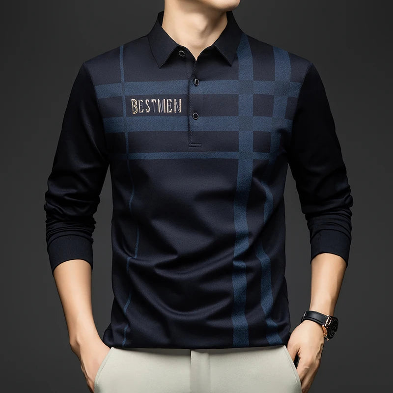 BROWON 2025 Spring Autumn Casual Golf Shirt Polo Man Plaid Pattern Soft Comfortable Long Sleeve Business Office Polo Shirt Men
