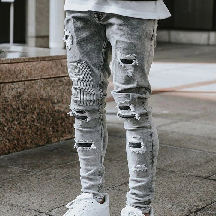 Kakan-y2k New Men's Wear Worn Out Small Leg Elastic Jeans, Slim and Handsome Motoryclist Boots Long Jeans Jeans, Jeans Man Brand