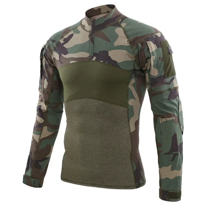 Men's Long Sleeve Tactical Shirts Combat Shirt 1/4 Zipper Ripstop Elastic Cotton Military Hiking Hunting Clothes