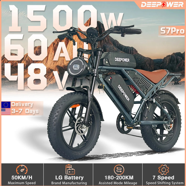 DEEPOWER S7Pro Off-Road Electric Bike – 1500W Brushless Motor • 48V LG Lithium Battery (20Ah/35Ah/60Ah) • 50 km/h Top Speed • 20” Fat Tires • Adult All-Terrain Mountain E-Bike