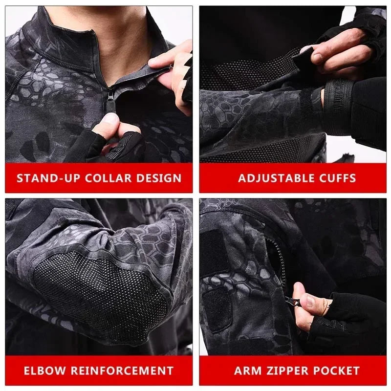Men's Long Sleeve Tactical Shirts Combat Shirt 1/4 Zipper Ripstop Elastic Cotton Military Hiking Hunting Clothes