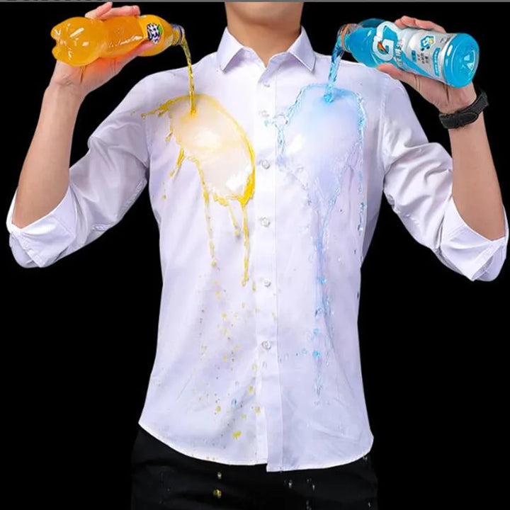 Summer men's long-sleeved non-ironing elastic business casual waterproof, anti-fouling, oil-proof, three-proof white shirt S~8XL