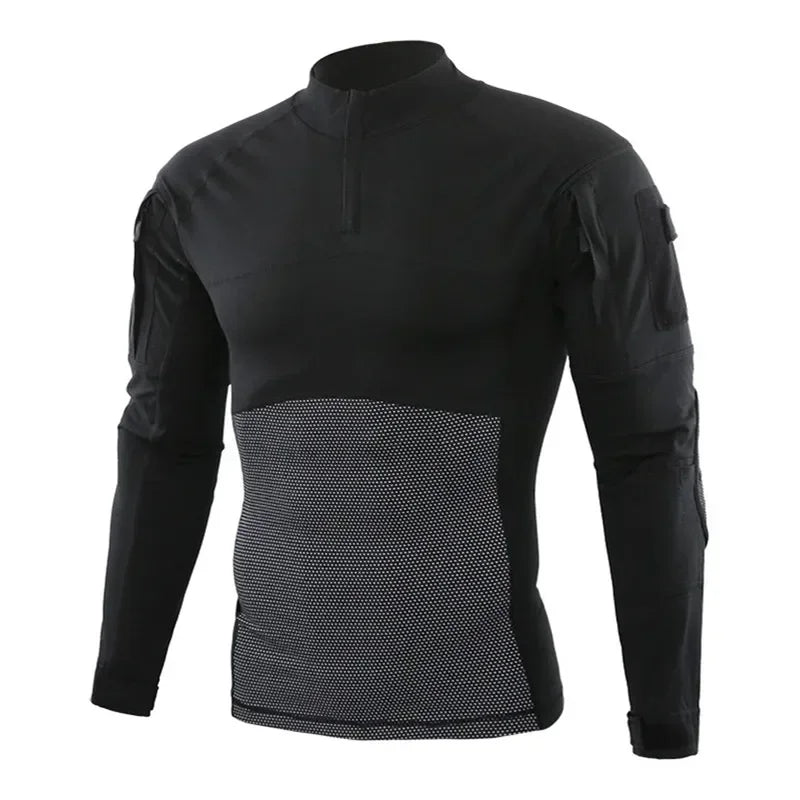 Men's Long Sleeve Tactical Shirts Combat Shirt 1/4 Zipper Ripstop Elastic Cotton Military Hiking Hunting Clothes