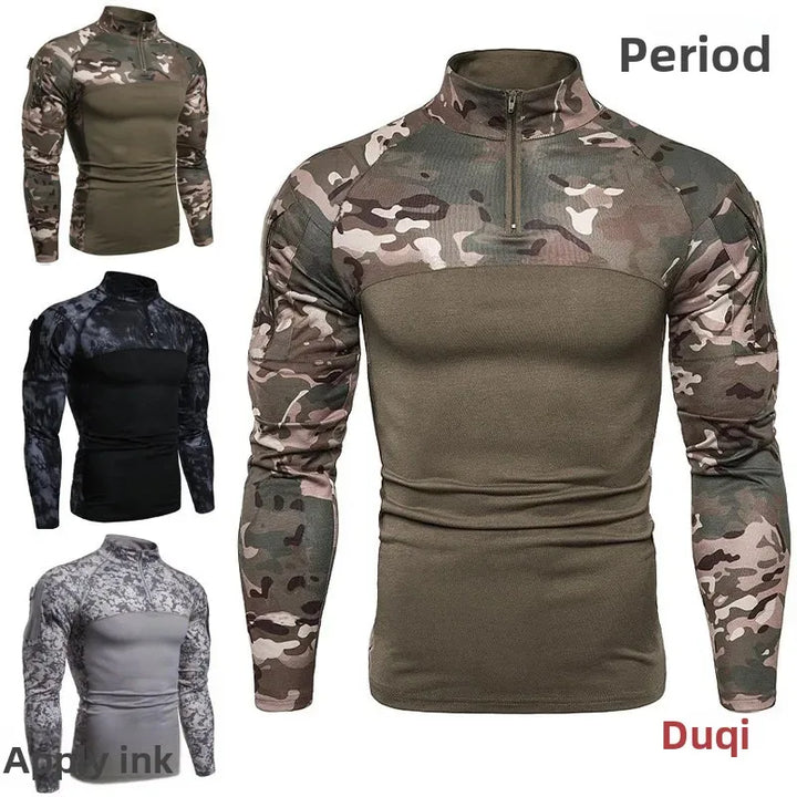 Hot Sale Of The Season Men's Camouflage Fitness Long Sleeve T-shirt Outdoor Military Travel Elastic Pocket Zipper Men's Clothing