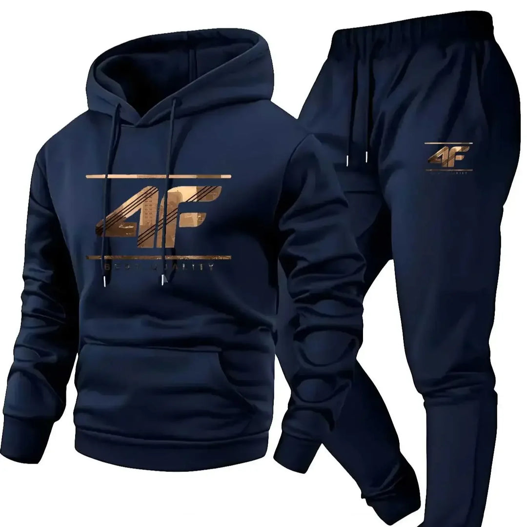 Men's Hoodie & Jogger Set with '4F' Print - Casual Sportswear, Beige & Black Matching Tracksuit for Gym, Lounge, Outdoor