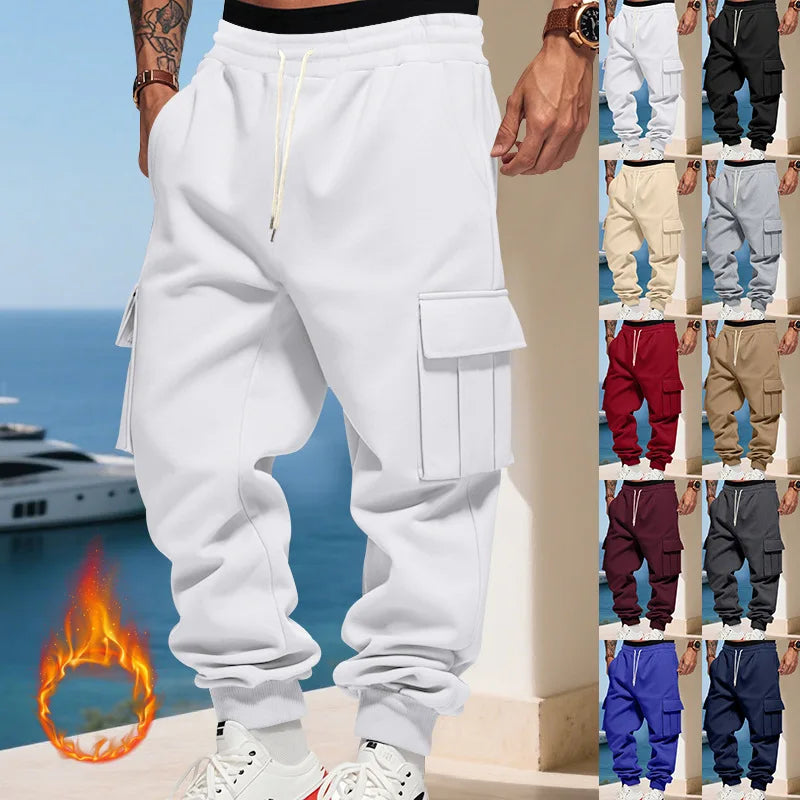 Men's Heavyweight Fleece Casual Pants Autumn Winter American Loose Sports Multi-pocket Cargo Jogging Trousers