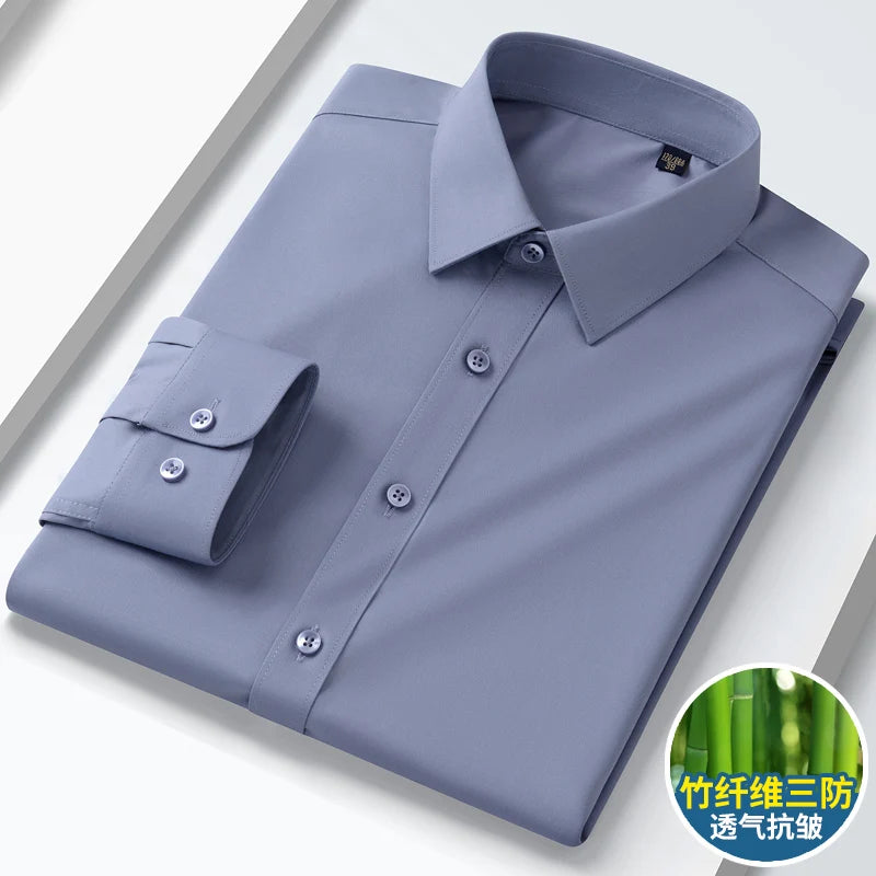 Summer men's long-sleeved non-ironing elastic business casual waterproof, anti-fouling, oil-proof, three-proof white shirt S~8XL