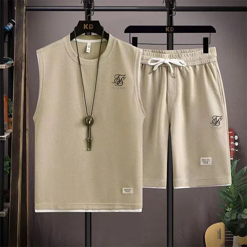 2026 New Waffle Fabric Sleeveless Vest Set Mens Summer Casual Sports Set Breathable Loose Male Vest and Shorts 2PC Sports Suit