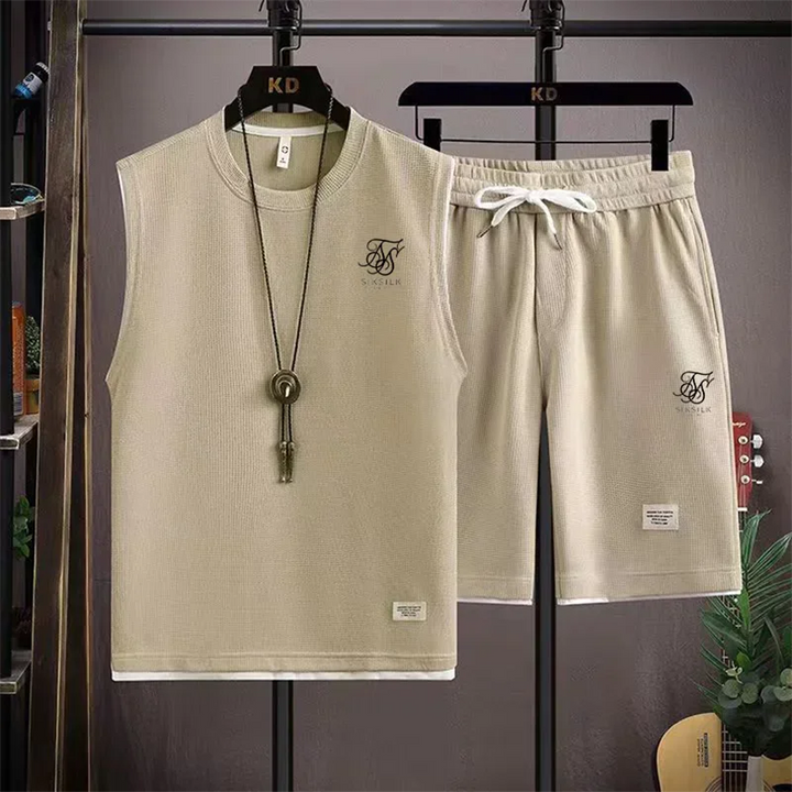 2026 New Waffle Fabric Sleeveless Vest Set Mens Summer Casual Sports Set Breathable Loose Male Vest and Shorts 2PC Sports Suit