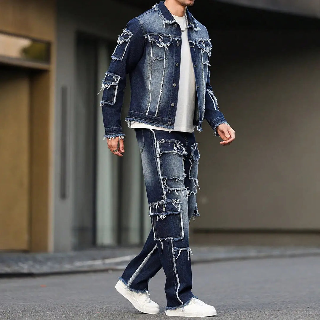Men's spring and autumn denim suit, multi - pocket design, wide straight - leg pants style