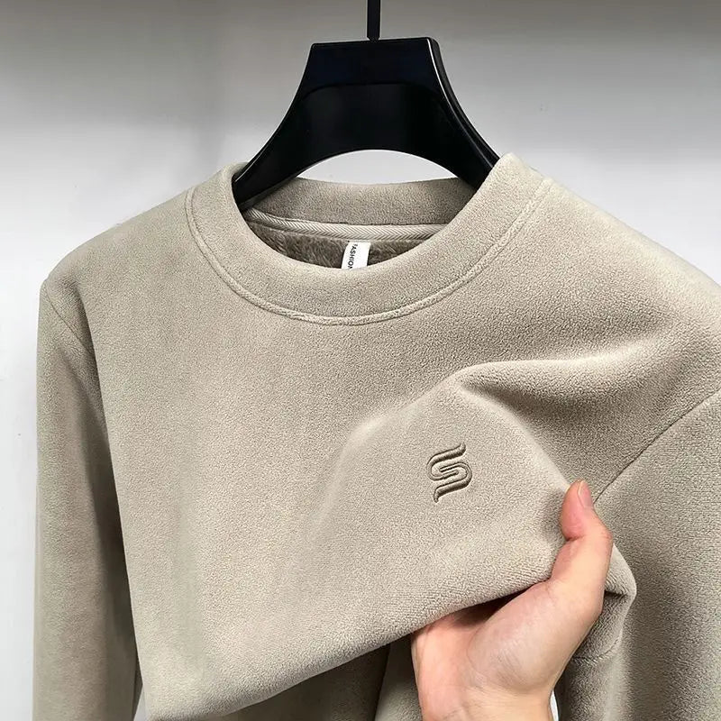Men Fleece Thickening Casual Sweatshirts Warm Woolen Wool Half-high Collar Hoodie Comfortable Embroidery Solid Loose Pullover
