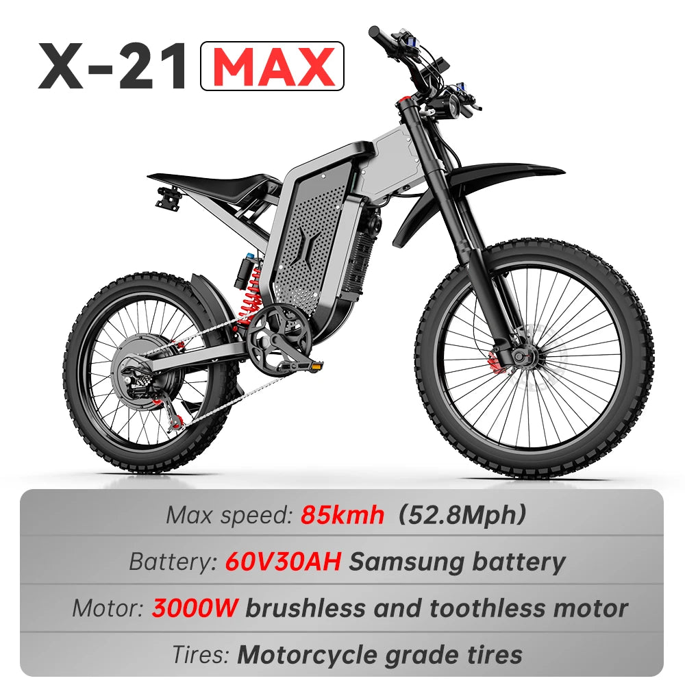 EKX X21 Max Electric Bike – 6000W Brushless Gearless Motor • 60V 30Ah Lithium Battery • 85 km/h Top Speed • Off-Road Adult E-MTB • Hydraulic Brakes • Long-Range High-Performance E-Bike