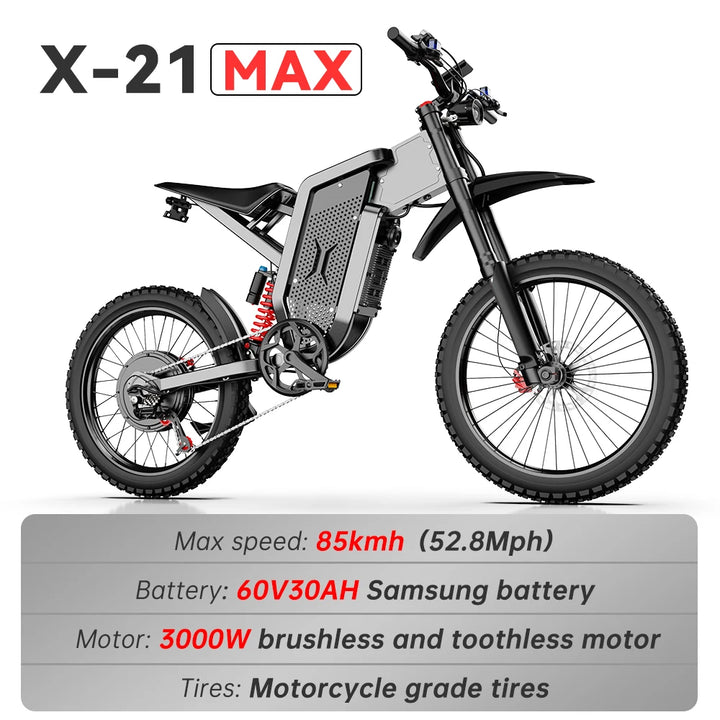 EKX X21 Max Electric Bike – 6000W Brushless Gearless Motor • 60V 30Ah Lithium Battery • 85 km/h Top Speed • Off-Road Adult E-MTB • Hydraulic Brakes • Long-Range High-Performance E-Bike