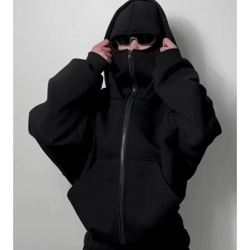 Men and women Balaclava Y2K Gothic Harajuku winter Warm new item double hooded sweatshirt men's hooded mask zipper sports Jacket