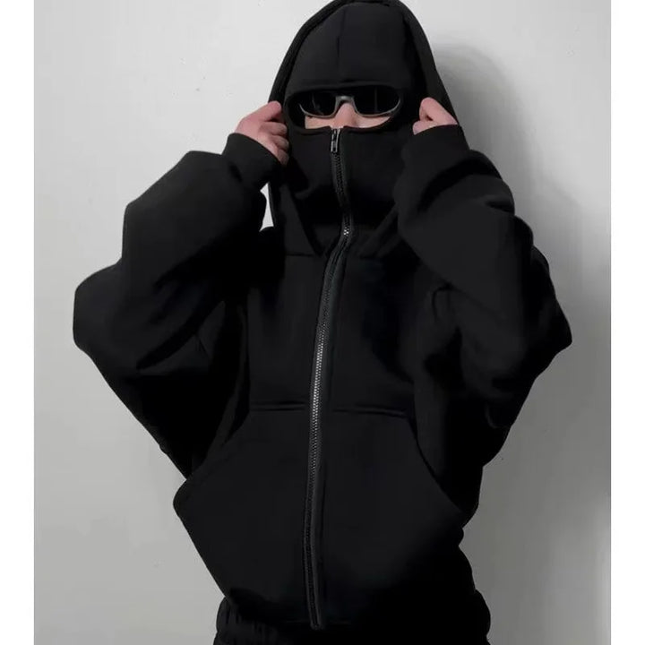 Men and women Balaclava Y2K Gothic Harajuku winter Warm new item double hooded sweatshirt men's hooded mask zipper sports Jacket