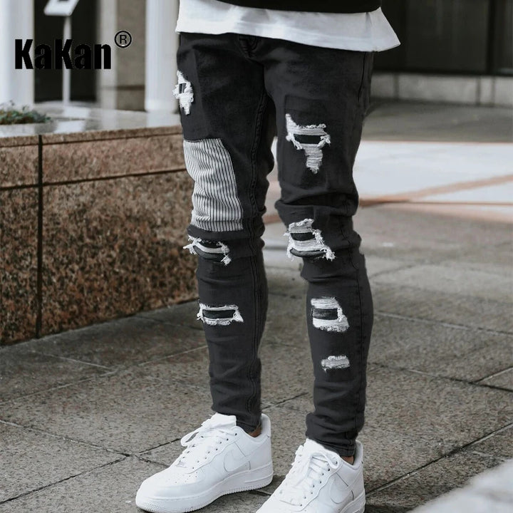 Kakan-y2k New Men's Wear Worn Out Small Leg Elastic Jeans, Slim and Handsome Motoryclist Boots Long Jeans Jeans, Jeans Man Brand