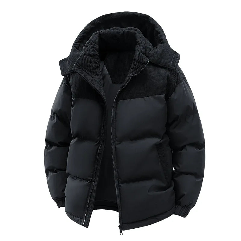 Thickened Fleece Hooded Cotton Jacket Men's Winter Windproof Warm Coat Detachable Hooded Padded Zipper Closure Casual Outerwear