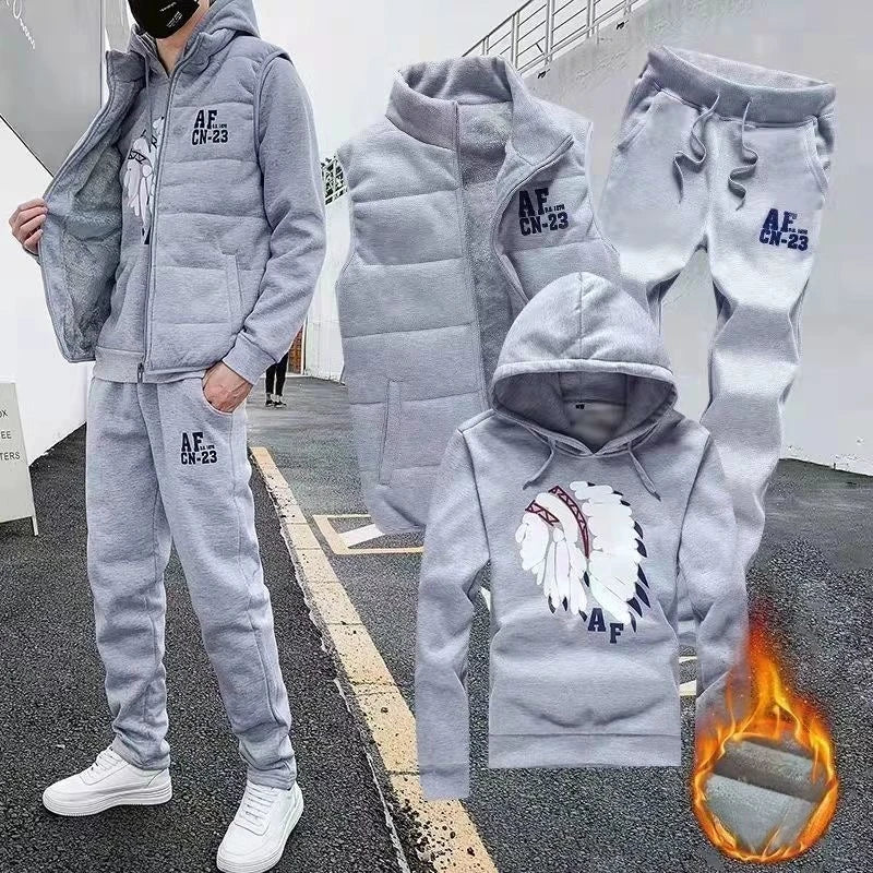 3 Pieces Set Hoodies+Vest+Pants Casual Men's Track Suit Clothing Coats Winter Thick Warm Tracksuit for Men Printed Mens Set Vest