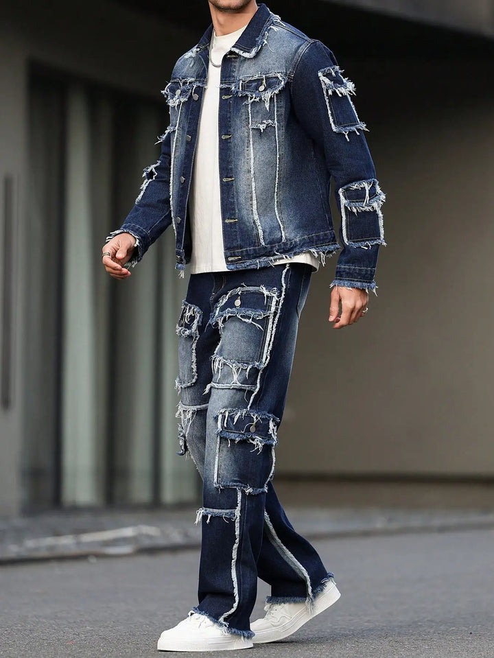 Men's spring and autumn denim suit, multi - pocket design, wide straight - leg pants style