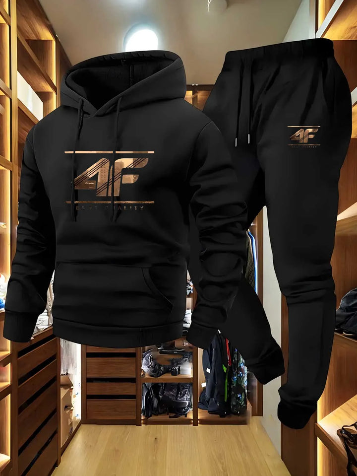 Men's Hoodie & Jogger Set with '4F' Print - Casual Sportswear, Beige & Black Matching Tracksuit for Gym, Lounge, Outdoor